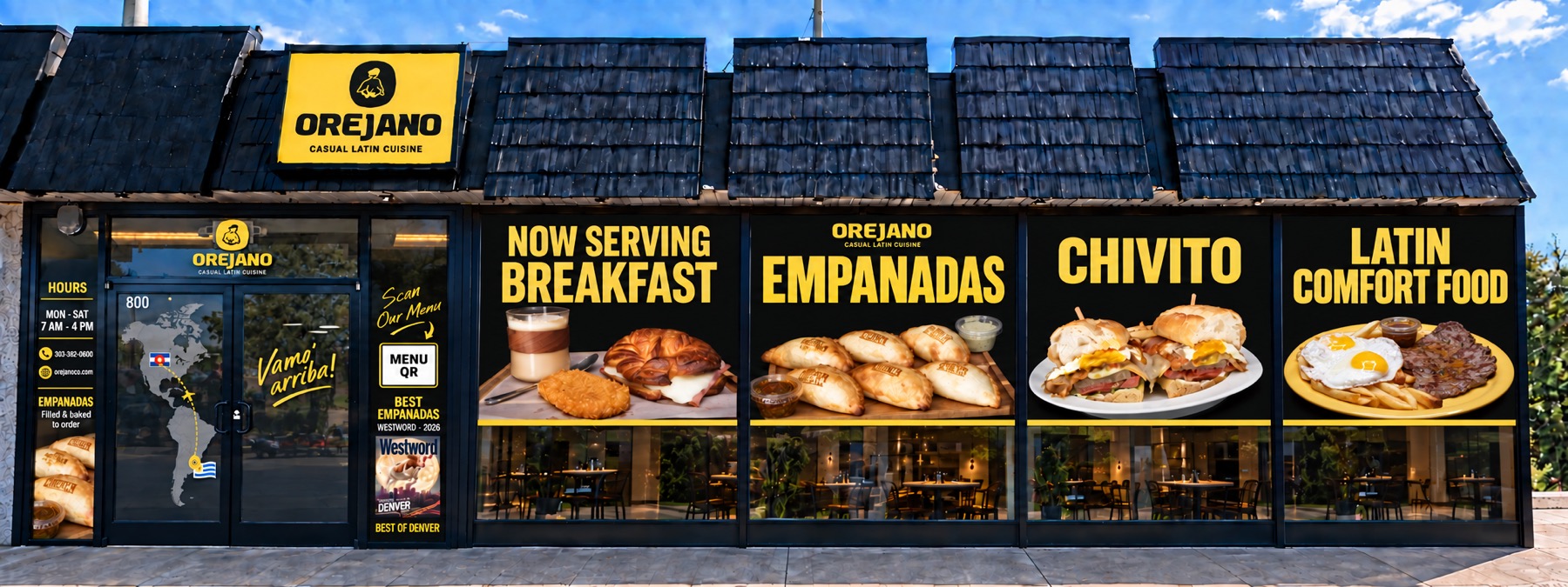 The Orejano storefront on South Havana Street, with the window banners installed